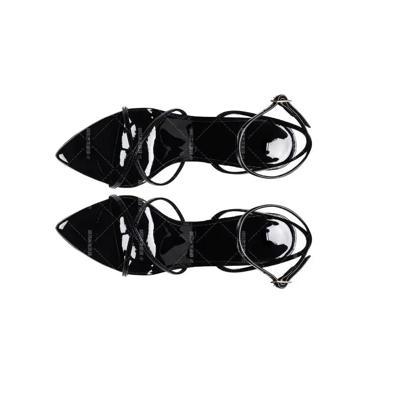 New Summer Trendy Black High Heels Pointed Toe Sexy One-Strap Buckle Wide-Size Fashion Sandals for Women