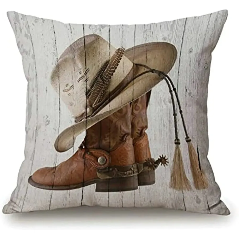 Western Cowboy Boots Throw American Country Farm House Rustic Grey Wooden Decorative Pillow Case Cushion Cover Decor