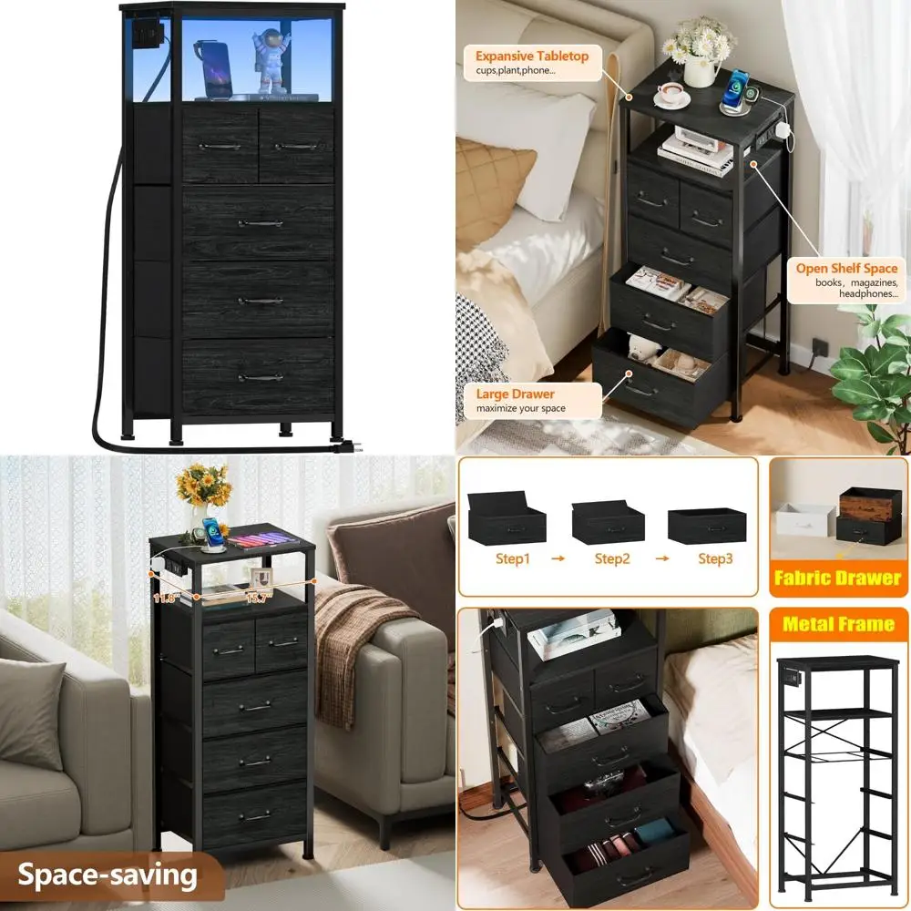 

Набор для хранения в спальне: высокая тумбочка, вертикальный сундук с деревянной вершиной, 5 тканевых ящиков, зарядная станция со светодиодной подсветкой.