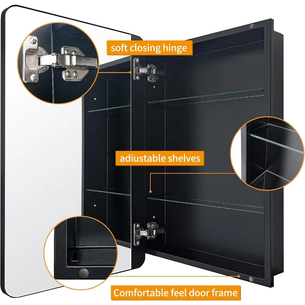 Schwarzer Badezimmer-Medizinschrank mit Einbau- oder Oberflächenmontage und 16-Zoll-Spiegel, Badezimmer-Aufbewahrungsschrank mit großem Raum