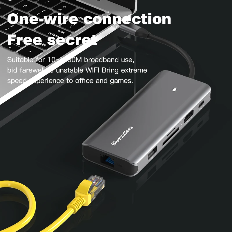 Blueendless وصول جديد الألومنيوم USB C إلى 10 في 1 محور 4k 60hz نوع c HDTV 100 واط مع pd لماك بوك برو اكسسوارات SSD