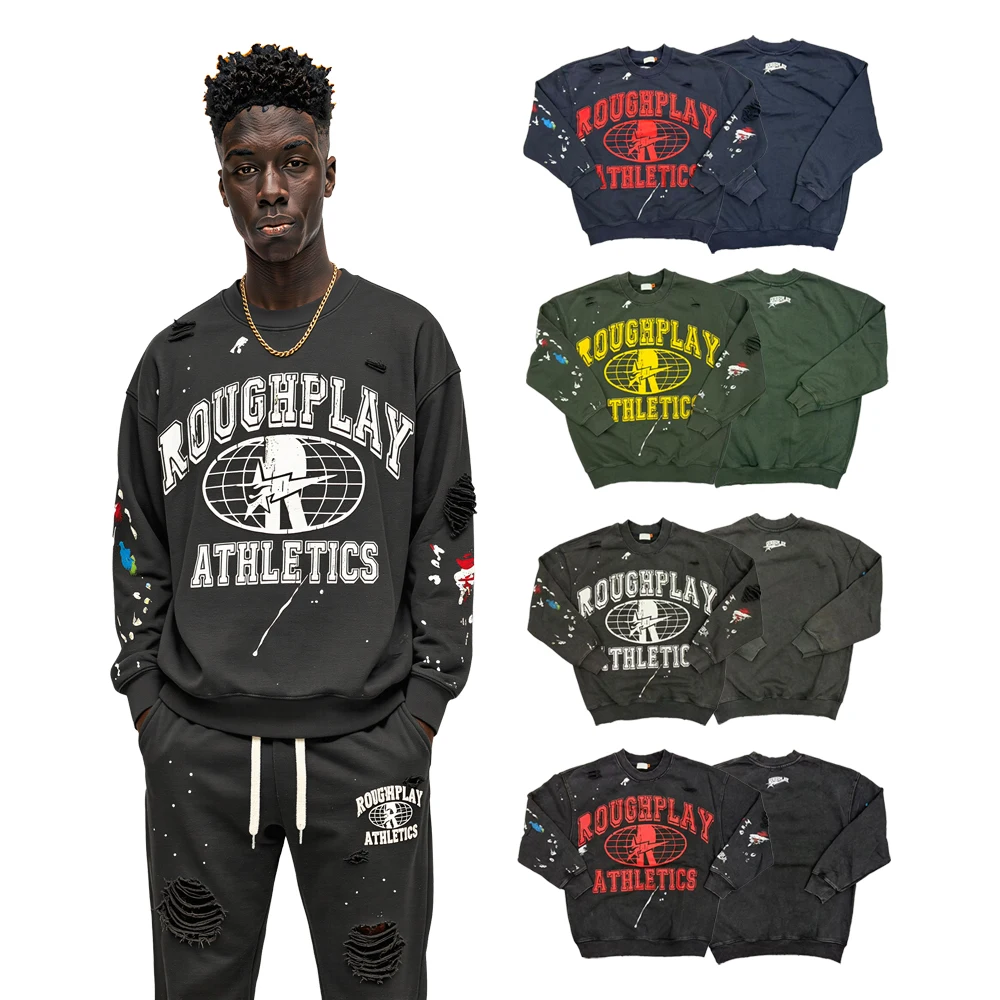 Y2k American Streetwear Vintage Letter Graphic Sweatshirts Street Style Heavy Weight Cotton Distressed Ripped Casual Sweatshirts