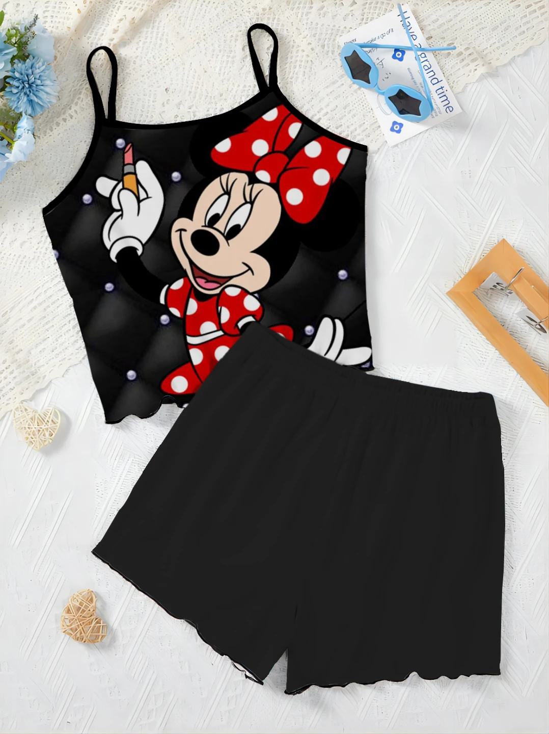 Ensemble jupe pyjama trempée Minnie Mouse pour femme, haut court, garniture en laitue, robe de maison, t-shirt élégant, Disney, 2 pièces