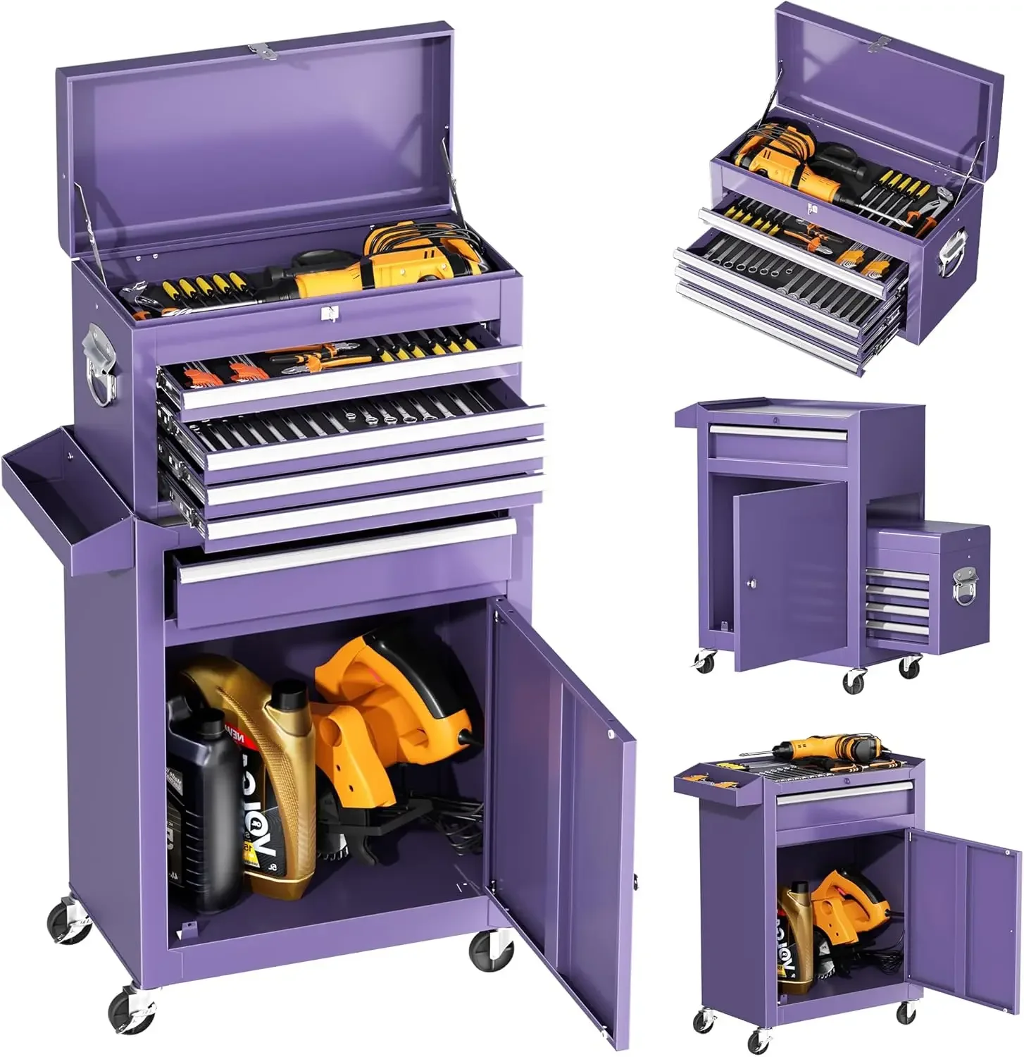 Purple Chest, 5-Drawer Rolling Storage Cabinet with Detachable Top Box, Chest with Universal Lock