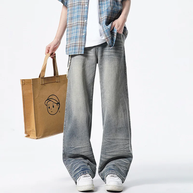 

Men's American Washed Cat Whisker Jeans Vintage Design Straight Leg Casual Pants Unisex Niche Versatile Retro Denim
