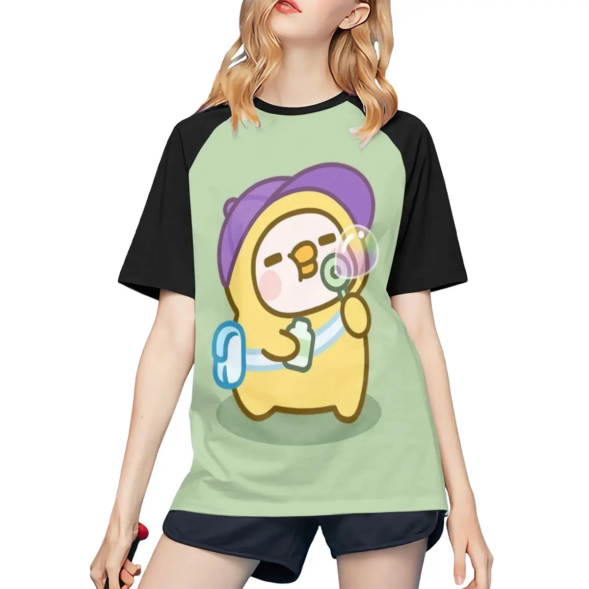 

Little Parrot Be Color blocking splicing shoulder insertion heavyweight pure cotton short sleeved T-shirt for women