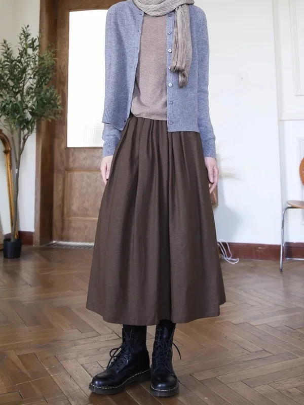 Artistic Vintage Color Cotton Linen A-Line Midi Skirt Versatile Women's Autumn New Style Label Removed Half-length Skirt