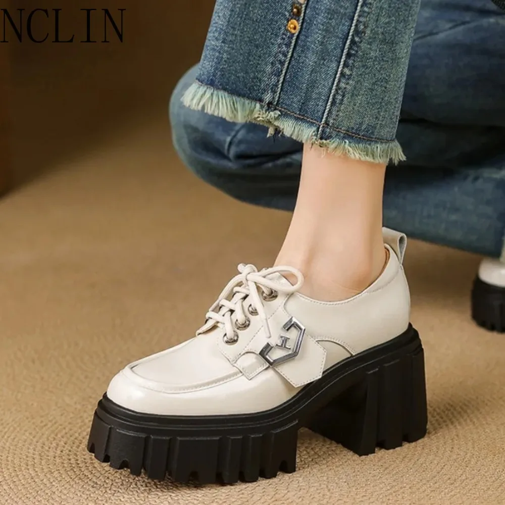 White Genuine Leather Lace-Up Oxfords Women Chunky Heel Platform Thick Sole Metal Buckle Vintage Casual Pumps