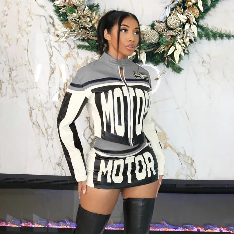 Crop Jacket Sexy Printed 2 Piece Skirt Sets Winter Outfit Y2K Streetwear Mini Dress Elegant Club Party Wear Two Piece Skirt Set