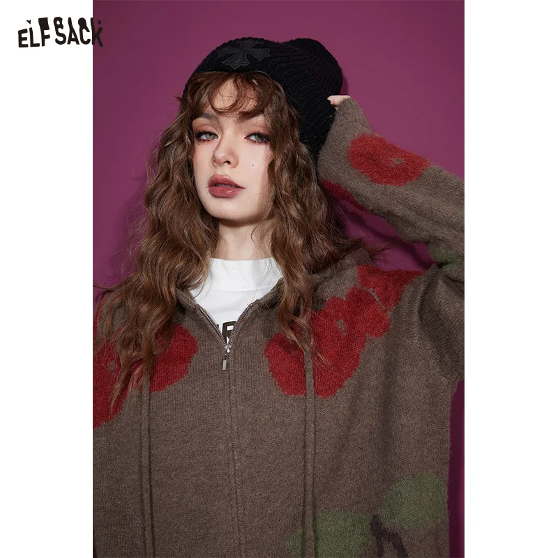 ELFSACK Christmas Cherry Hoodie Cardigan For Women 2023 Winter New KoreanFashion Tops