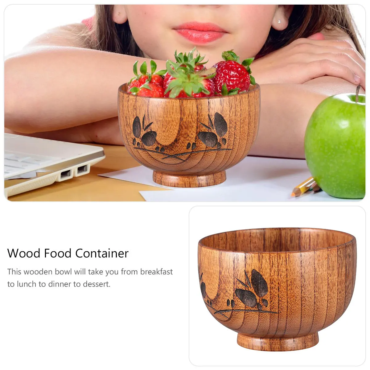 

1Pcs Wood Bowl Natural Wooden Baby Soup Rice Bowl Anti-Slip Carved Design Food Container for Kids Adults Tableware Gift