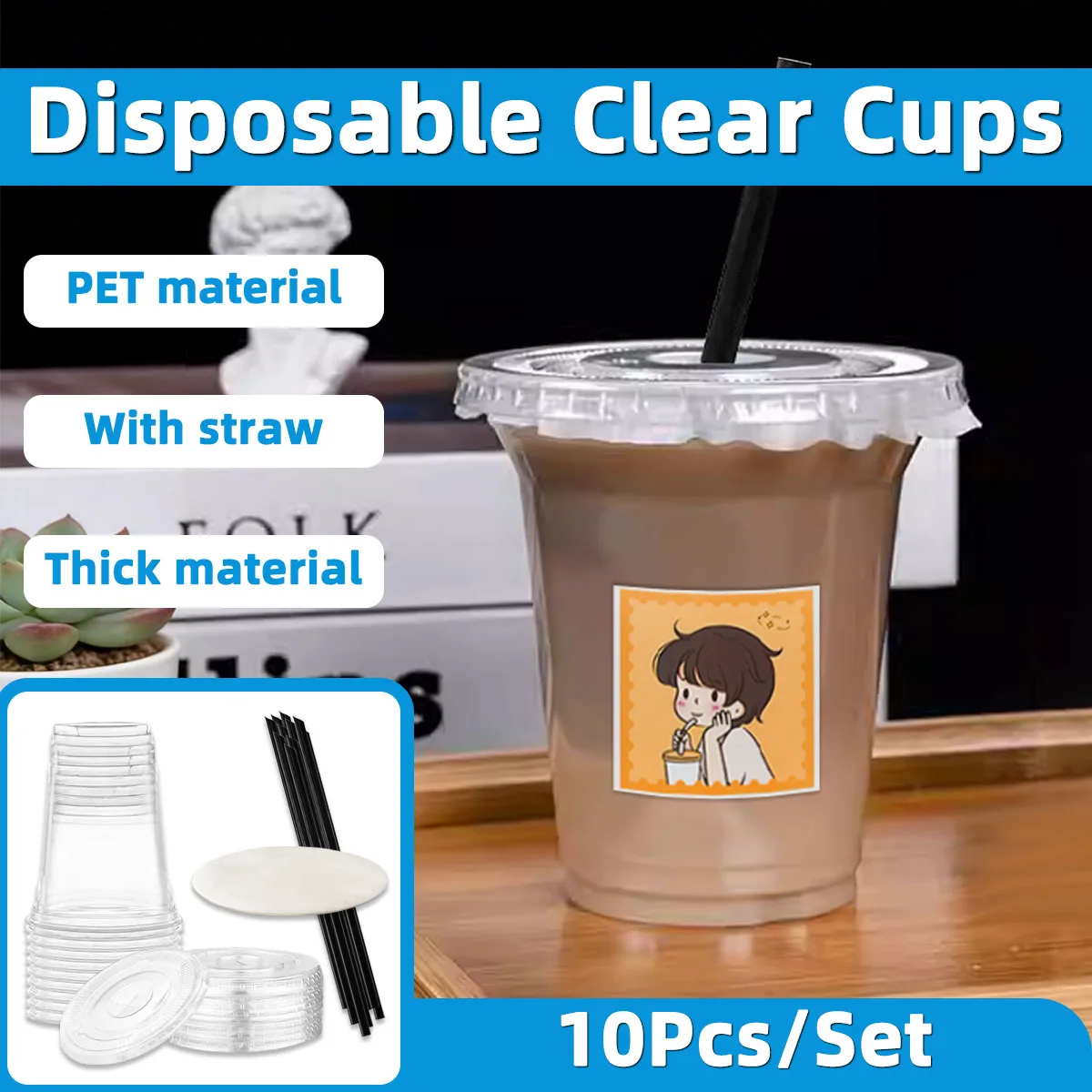 10PCS Disposable Straw Cup Plastic Drinking Cup With Lid Lea