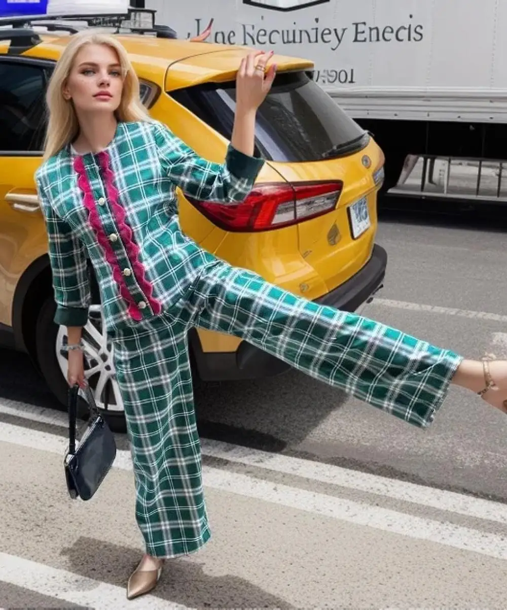 

Women Green Plaid Blazer Long Pants Suit Spring Single-Breasted Jacket Wide Leg Pants Lady Casual 2 Pieces Sets Street Outfits