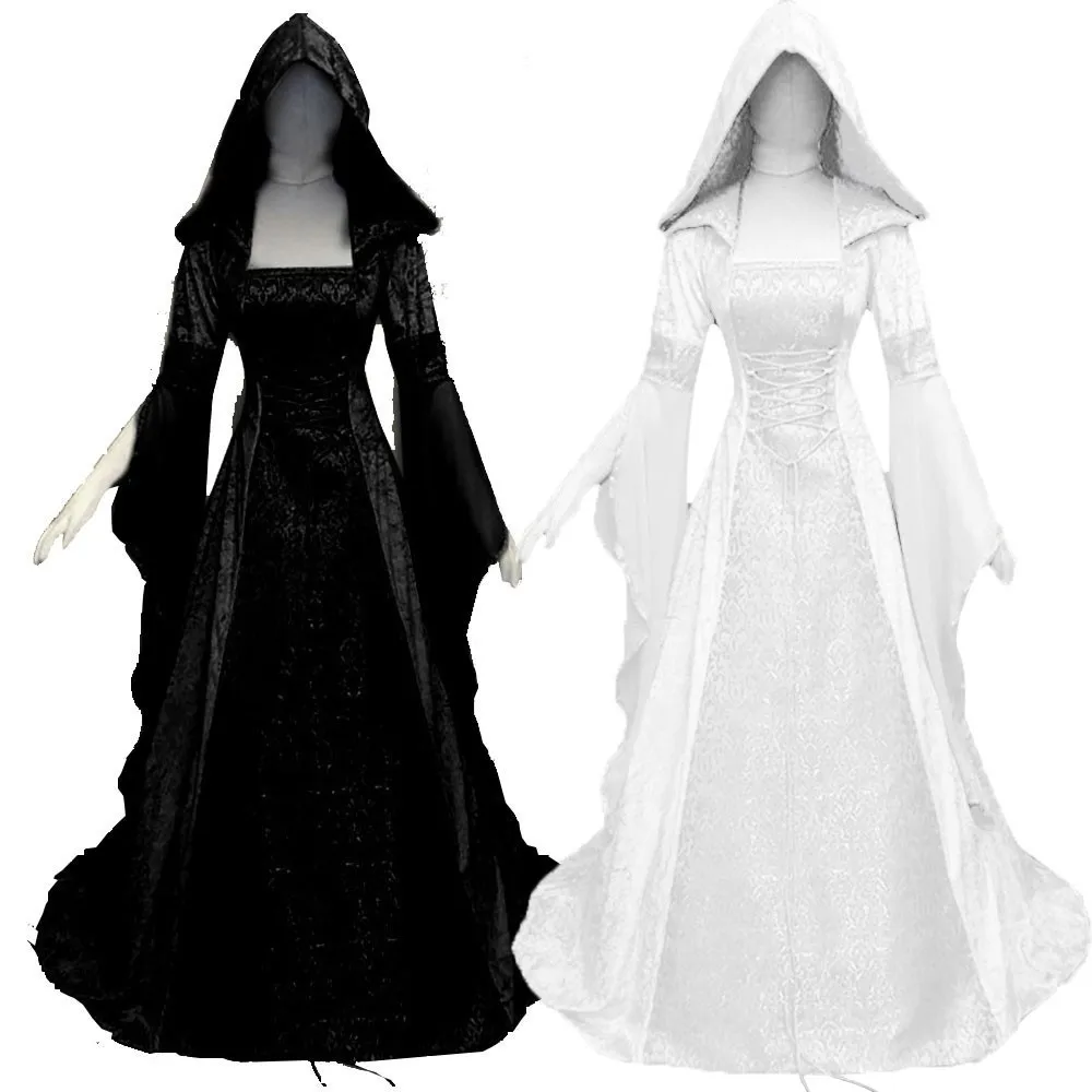 

Vintage Gothic Dresses Halloween Renaissance Hooded Medieval Dress Floor Length Cosplay Dress Princess Boho Victorian Dress