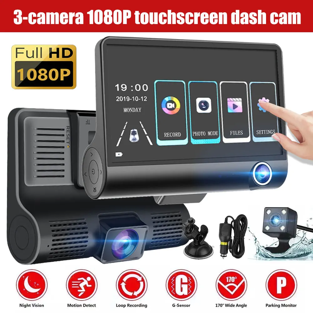 

4 Inch Touch Screen Driving Recorder 1080P Car DVR Dash Cam 3 Lens Video Recorder Front Rear Camera Detection Camera for Vehicle