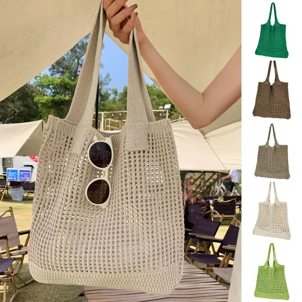 Summer Beach Bag For Women Beach Tote Bag Shoulder Knit Bag Travel Crocheted Hollow Out Elastic Ladies Fashion Handbag