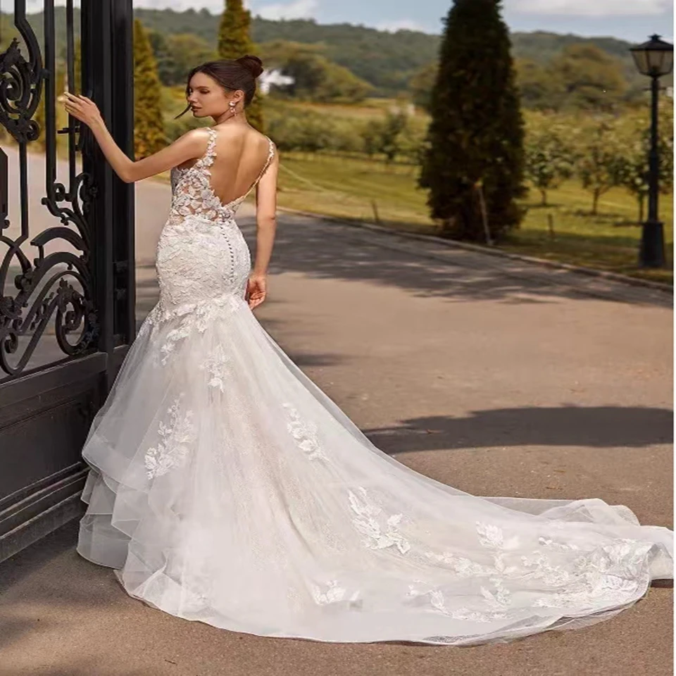 Vestidos de novia elegantes y personalizados con cuello en V, cola de corte de sirena, sin mangas, para ocasiones formales, 2024