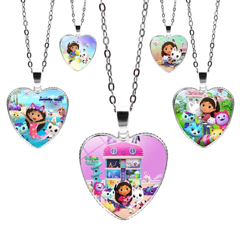 Gabby Dollhouse Necklace Anime Cartoon Peach Heart Jewelry Girls Cute Fashion Pendant Sweater Chain Children Birthday Gift Hot