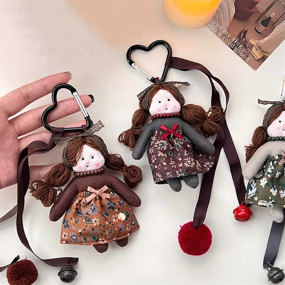 Double Ponytail Braid Dolly Girls Plush Stuffed Doll Cloth Floral Dress Bag Hanging Girls Doll Plush Keychain Decorations