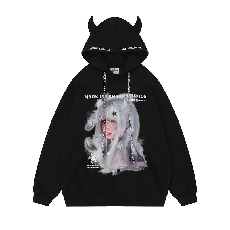 

Men Streetwear Oversized Hip Hop Harajuku Pullover Hoodies Black Casual Y2K Sweatshirt Anime Punk Hoodie with Chain Evil Horns