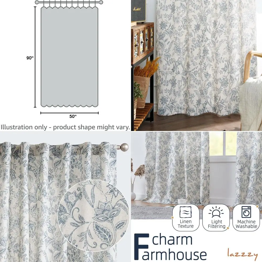 Rideaux de ferme en lin bleu floral 90 avec onglets arrière pour salon, chambre à coucher, filtrage de la lumière, style vintage, ensemble de 2 panneaux, Bl