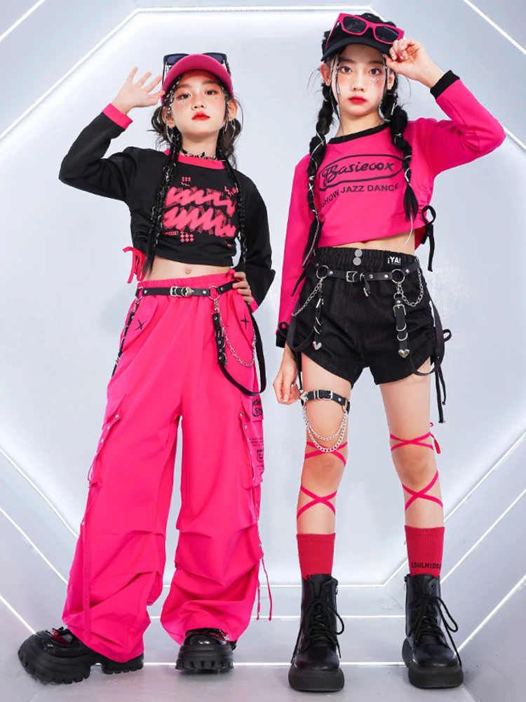 Kpop Jazz Roupas de Dança para menina, Traje de Cheerlead, Mangas Compridas, Tops Umbigo, Calças Hip Hop Crianças Vestuário Competição, BL13548