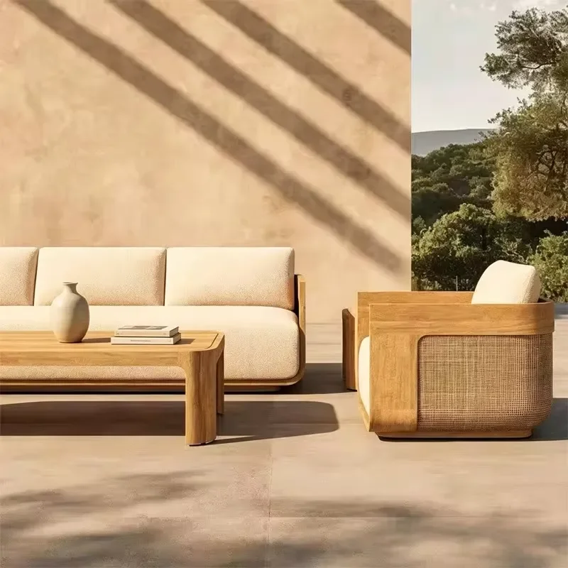 Nordic Style Teak Rope Outdoor Sofa Set Waterproof Patio Furniture for Villa Garden Hotel Backyard Modern Design Durable
