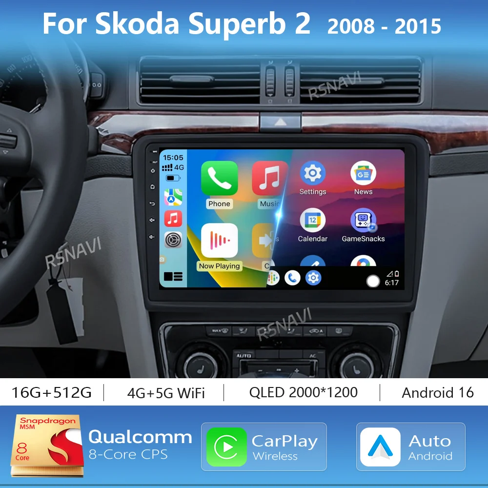 Android 16 Carplay Auto 2K Screen Car Multimedia Radio Player For Skoda Superb 2 2008 - 2015 Autoradio GPS Stereo 2din Head Unit