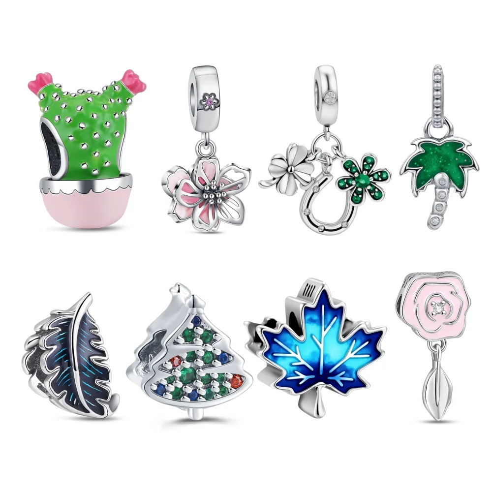 New Charms 925 Sterling Silver Leaf Four-leaf clover Flower Beads DIY Jewelry For Original Bracelet Pendant Women Fashion Gift