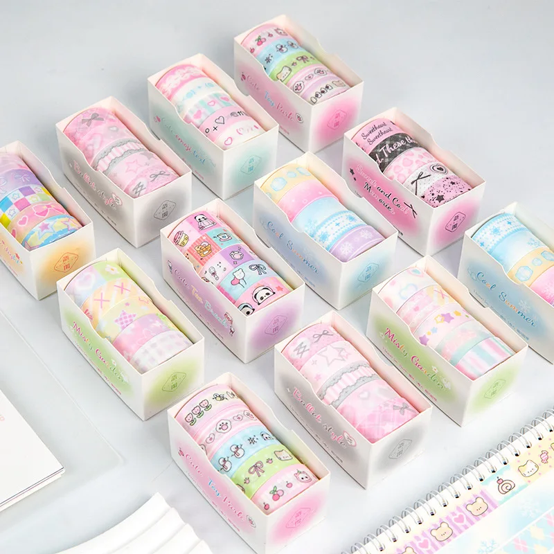 5pcs/box Korean Sweet Cool Cute Decoration Tape Handbook Scrapbooking Collage Material Sticker Roll School Stationery