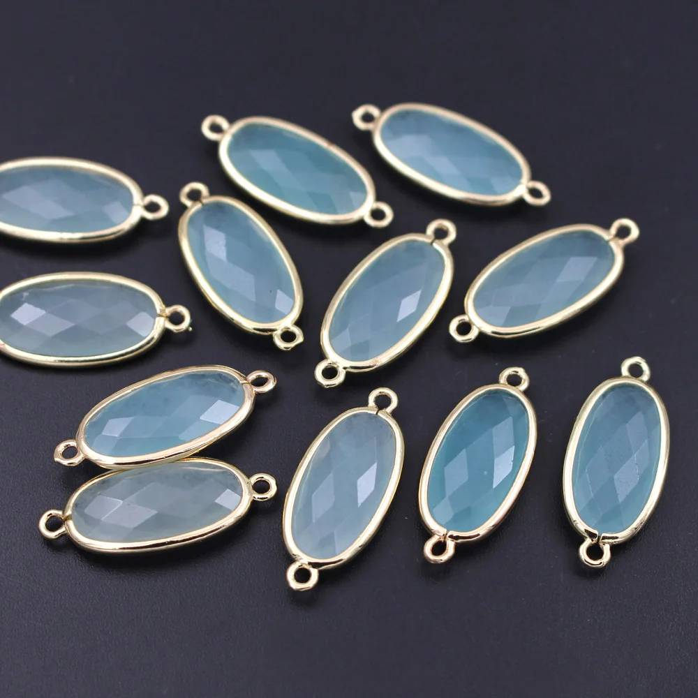 10pcs Light Blue Jade Stone Circle Square Pendant 2 Loops Connector Charms Jewelry Accessories Findings DIY Crafts