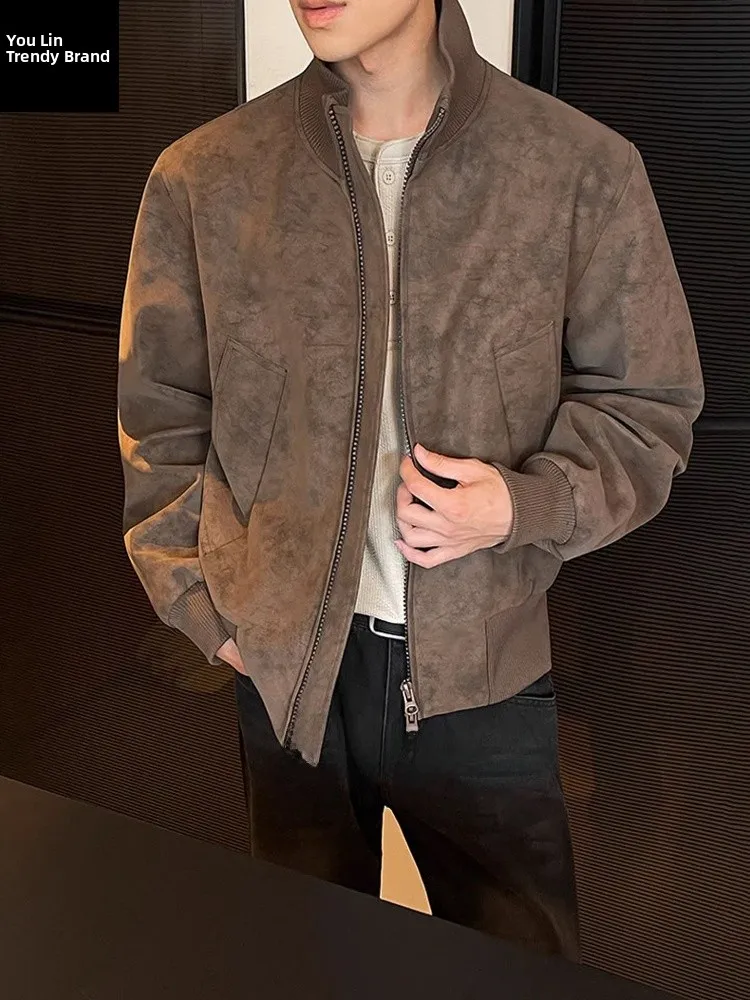 

Thiened American Sle Stand Collar Motorcycle PU Leather Jaet Men's ort Flight Suit Dyeing Outerwear Youth Faion