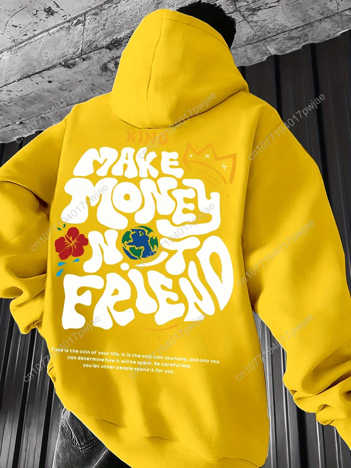 Felpa casual con cappuccio da uomo - Stampa geometrica nera con grafica e design a corona Bold "MAKE MONEY NOT FRIEND", vestibilità regolare Spr