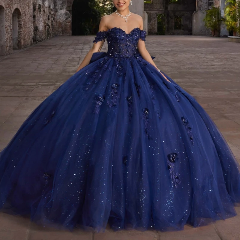 

Navy Blue Shiny Quinceanera Dresses Ball Gown Off The Shoulder Applique Flower Beads Bow Tull Sweet 16 Dress Vestidos 15 De Anos