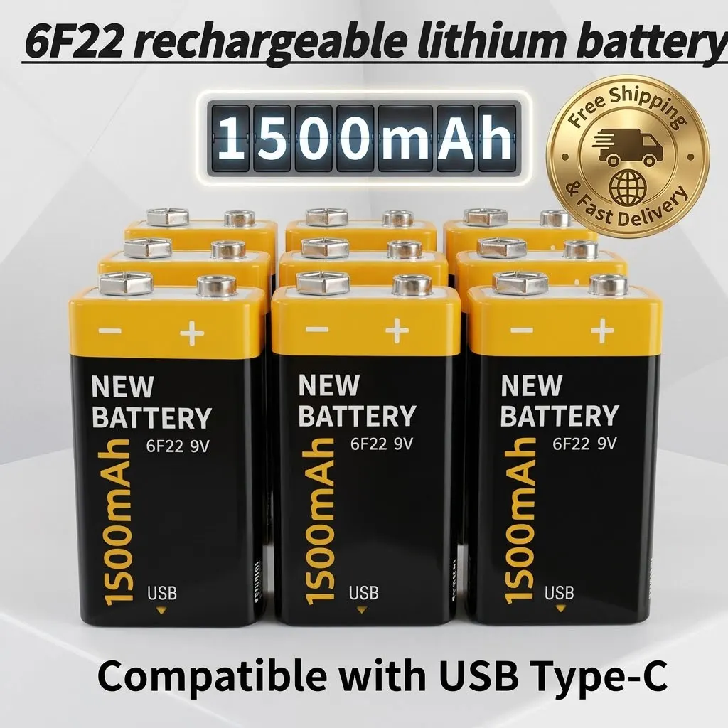 

Rechargeable 9V Lithium Battery 6F22 Type-C Port for Multimeters, Smoke Alarms, Wireless Microphones