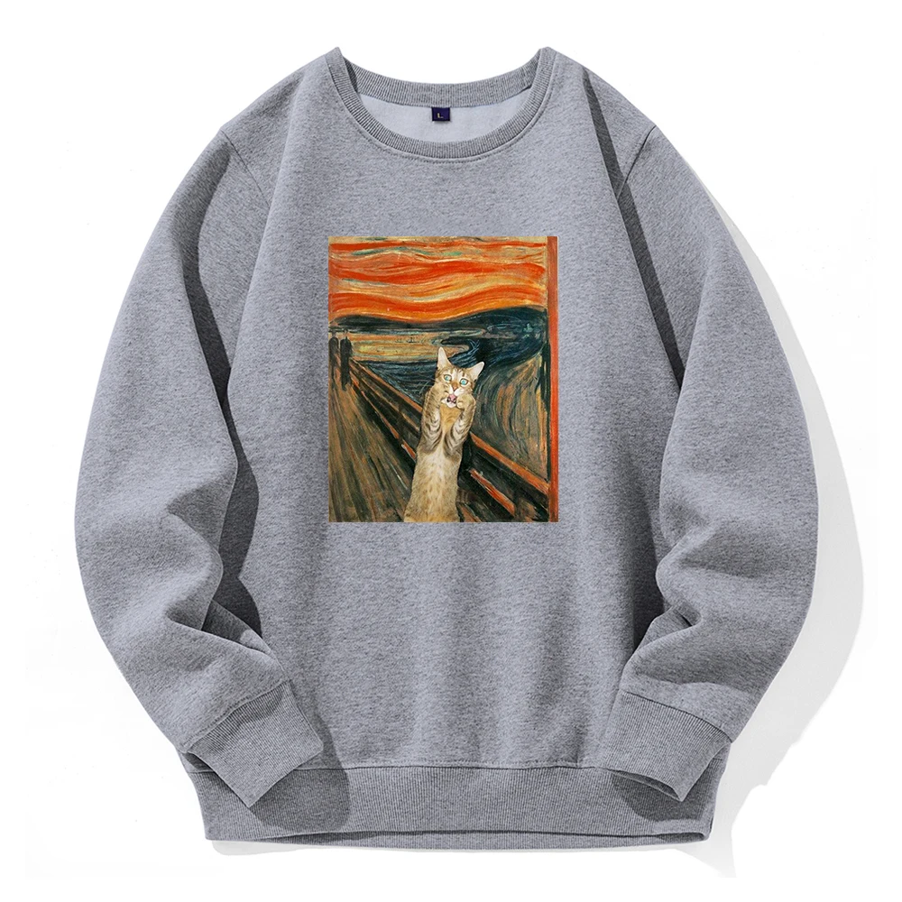 Oil Painting Cat'S Dusk Hooded Men Loose Oversized O-Neck New Hoody Colorful Novelty Streetwear Fleece Casual Fashion Hoodies