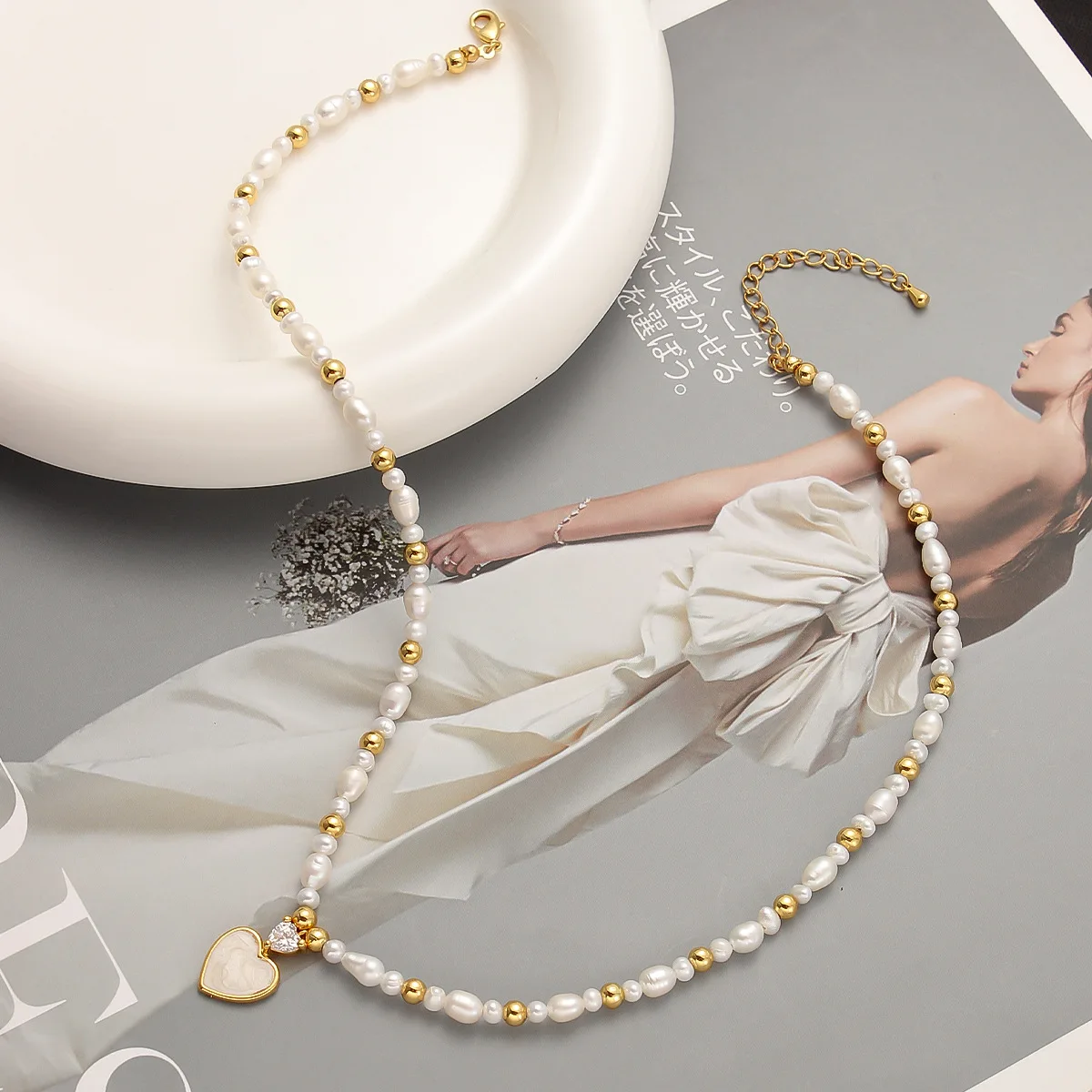 Brass With 18K Natural Pearl Heart Square Pendant Necklace Women  Jewelry Designer T Show Runway Gown  Rare Glam Japan Ins