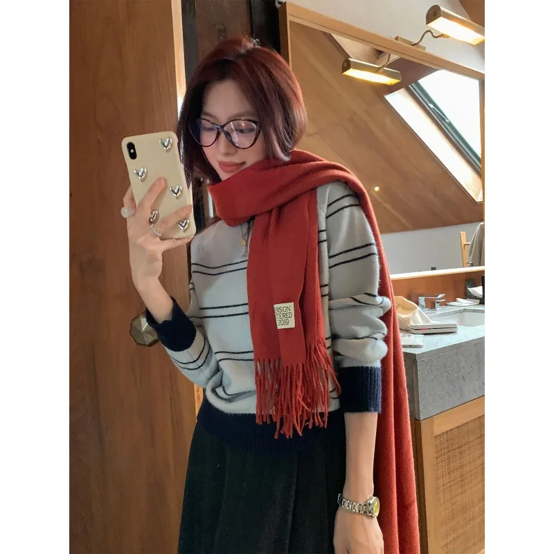 Lazy Style Striped Pullover Sweaters Women Loose Outer Wear Soft Stylish Color Matching Knitted Bottoming Shirt For Autumn