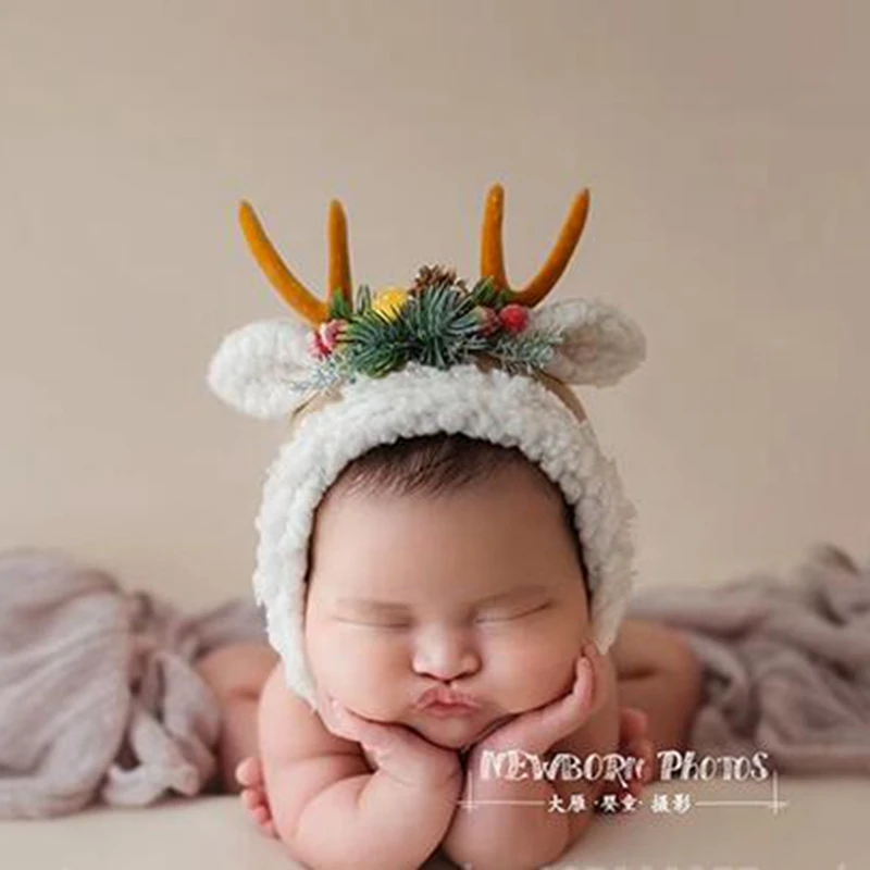 Newborn Photography Accessories Antlers Bonnet Infant Hat Baby Deer Cute Headdress Studio Newborn Photo Shoot Accessories