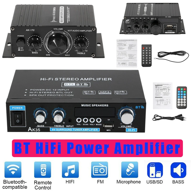 Amplifier Bluetooth 800W Subwoofer Microphone Audio Karaoke Home Theater Amplifiers 2 Channel Power Class D Speakers USB SD AUX