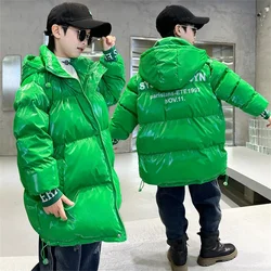 2023 Winter Boys Children's Down Jacket Mid-Length Version Hooded Double End Zipper Bright Surface Thicken Plush 5-14 Years Old