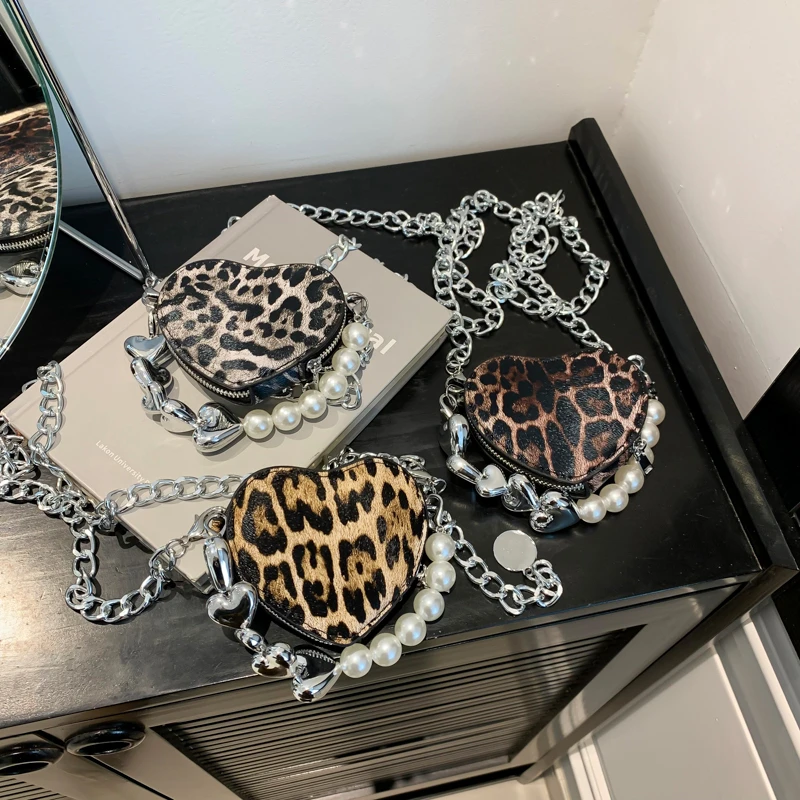 Heart Shaped Leopard PU Shoulder Bags Chains Beading Hot Girl Style Super Cool Crossbody Bags for Women 2024 Fashion New Style