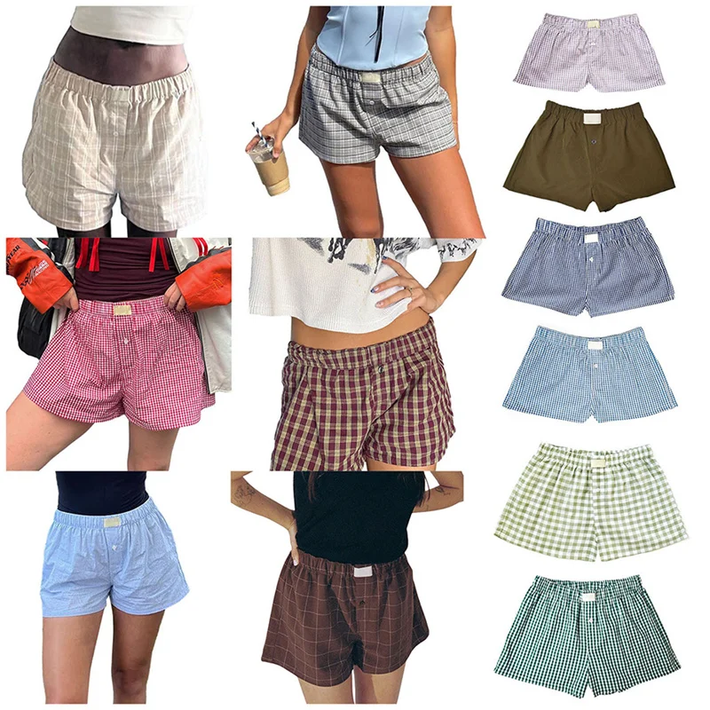 

Gingham Baggy Boxers Shorts Women Outfits Elastic Waist Blue Checkered Y2k Vintage Shorts Casual Lounge Summer Beach Shorts