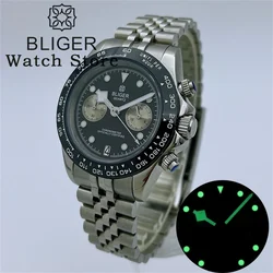 BLIGER 39mm Mens watches VK64 Moon Quartz Watch Men Speed Sport Waterproof Chronograph Sapphire Gls Luminous Dial 6 O'clock Date