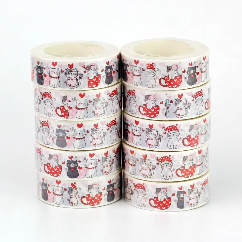 10pcs/lot Cute Cats with Red Hearts Cup Valentine Washi Tapes Decor Scrapbooking Planner Adhesive Masking Tape Kawaii Papeleria