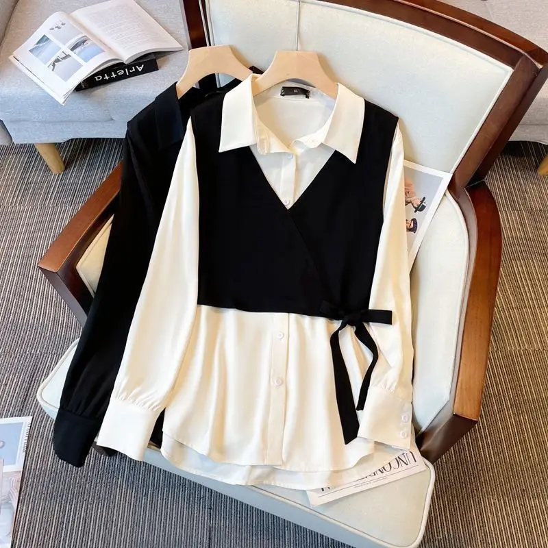 

2026 Spring Autumn New French Coat Ladies Niche Large Size Two-piece Shirt Women Design Sense Chic Splicing Top