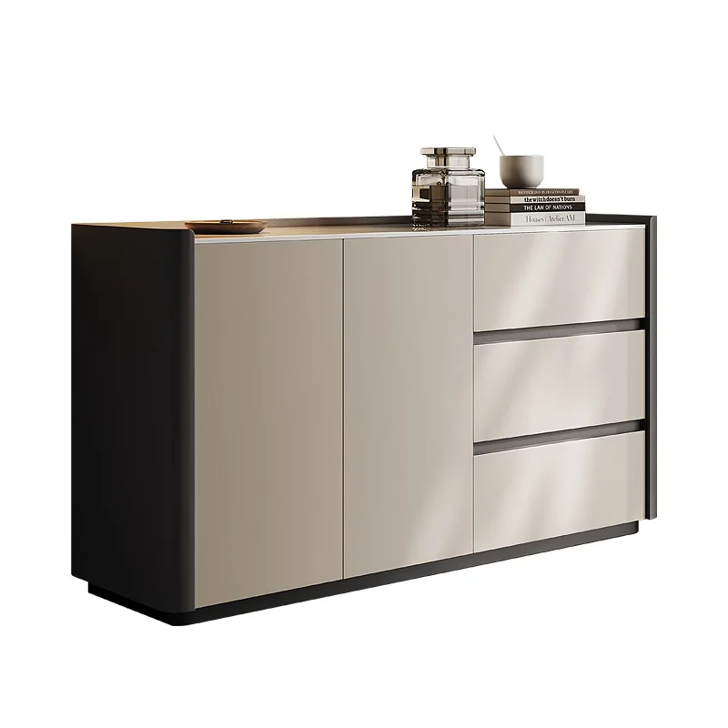 

High-end leather dining side cabinet, high cabinet integrated with wall storage, restaurant light luxury rock slab, modern simpl