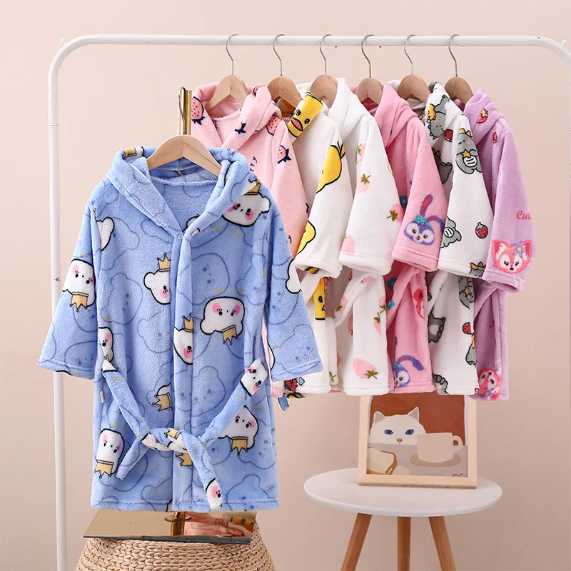 Cartoon Pattern Bath Robe Hooded Pajamas Loungewear Animal Sleepwear Cute Homewear Flannel Nightgowns for Kids Boys Girls