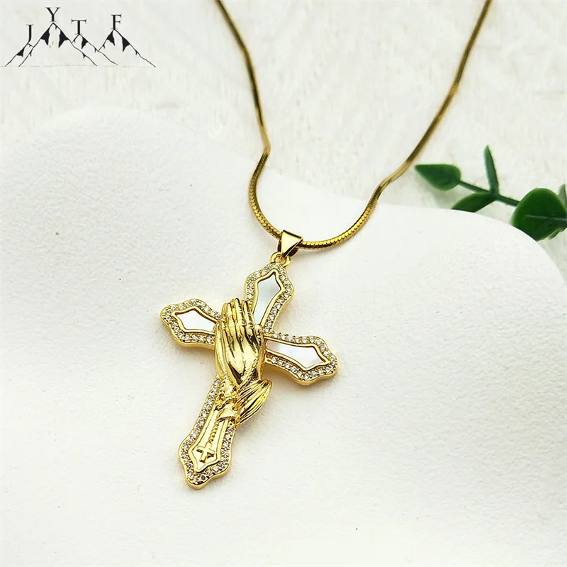 

Jesus Cross Praying Hands Copper Pendant Necklace For Women Men Stainless Steel Gold Color Chain Rhinestones Christian Jewelry