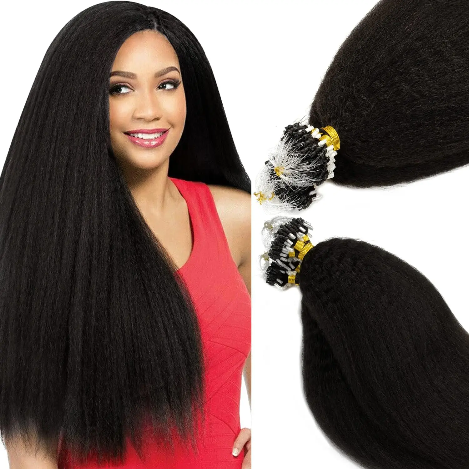 1g Micro Loop Hair Extensions Human Hair Microlink Micro Ring 100 Strands/Pack Black Kinky Straight Natural Hair